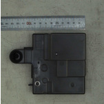 Black plastic container with multiple compartments, featuring a circular opening on one side and a small hole for attachment, measuring approximately 4 inches by 4 inches.