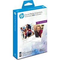 HP Social Media Snapshots photo paper pack with blue accents, showing sample sticky-backed photo prints.