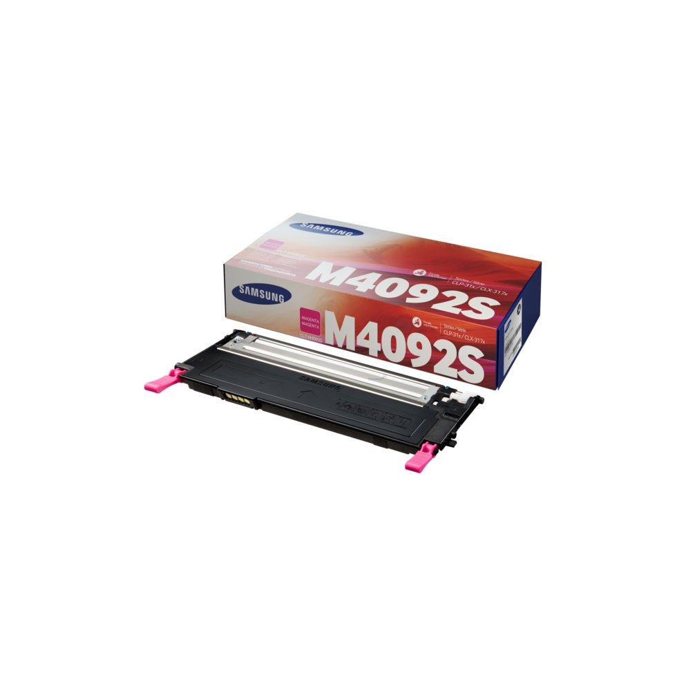 Black toner cartridge with pink clips, labeled "M4092S," in a colorful Samsung-branded box, indicating compatibility with Samsung printers and a yield of 25,000 pages.