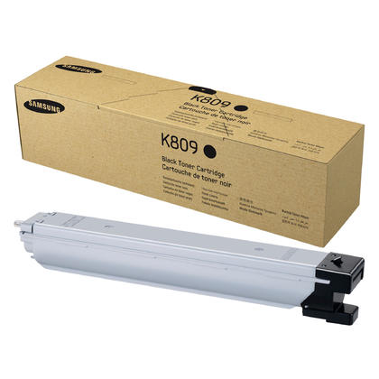 Black toner cartridge with a silver body and a black connector, packaged in a brown cardboard box labeled "K809" and "Black Toner Cartridge 20K Pages."