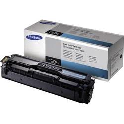 Cyan toner cartridge in a black plastic casing, labeled "C504," alongside a light gray box with blue and black text, designed for HP printers.