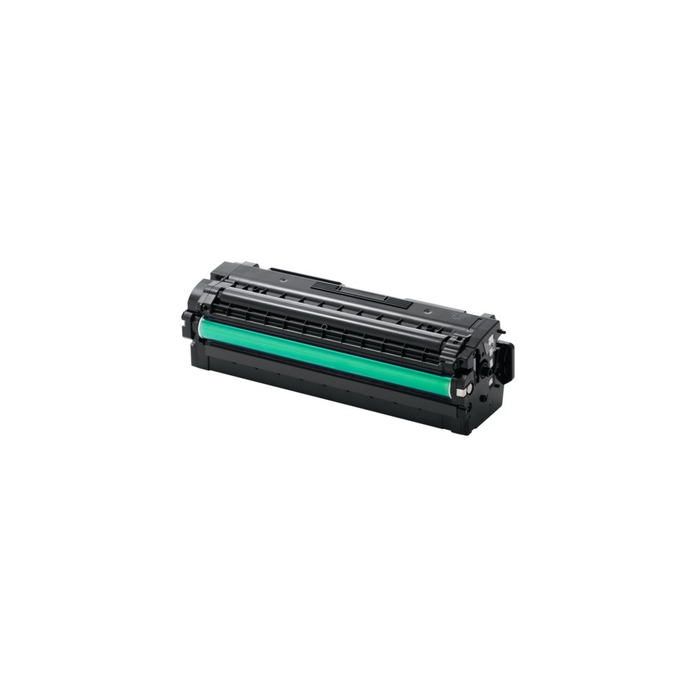 High-yield cyan toner cartridge with a black exterior and a bright green imaging drum, designed for HP printers, labeled as CLT-C506L.