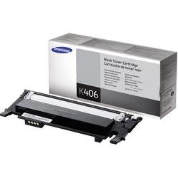 Black toner cartridge with a sleek design, labeled "K406," in a white and gray box, suitable for printing up to 1.5K pages, featuring Samsung branding.