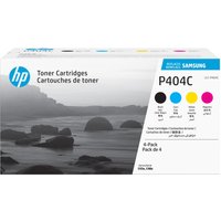 HP SU365A/CLT-P404C toner cartridge multipack box with black, cyan, magenta, yellow circles and page yield info.