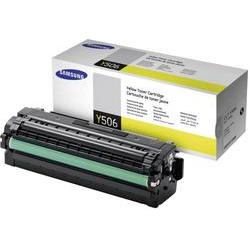 Yellow toner cartridge with a black casing, featuring a green drum, packaged in a white box labeled "HP CLT-Y506L Original Laser Toner Cartridge High Yield Yellow SU515A."