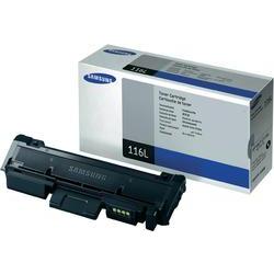 Black laser toner cartridge with a high yield, labeled "MLT-D116L," packaged in a white box with blue accents, featuring product information and specifications.