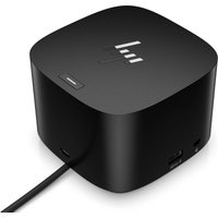 Black HP Thunderbolt Dock 280W G4 with rounded edges, multiple ports, and a combo cable attached.