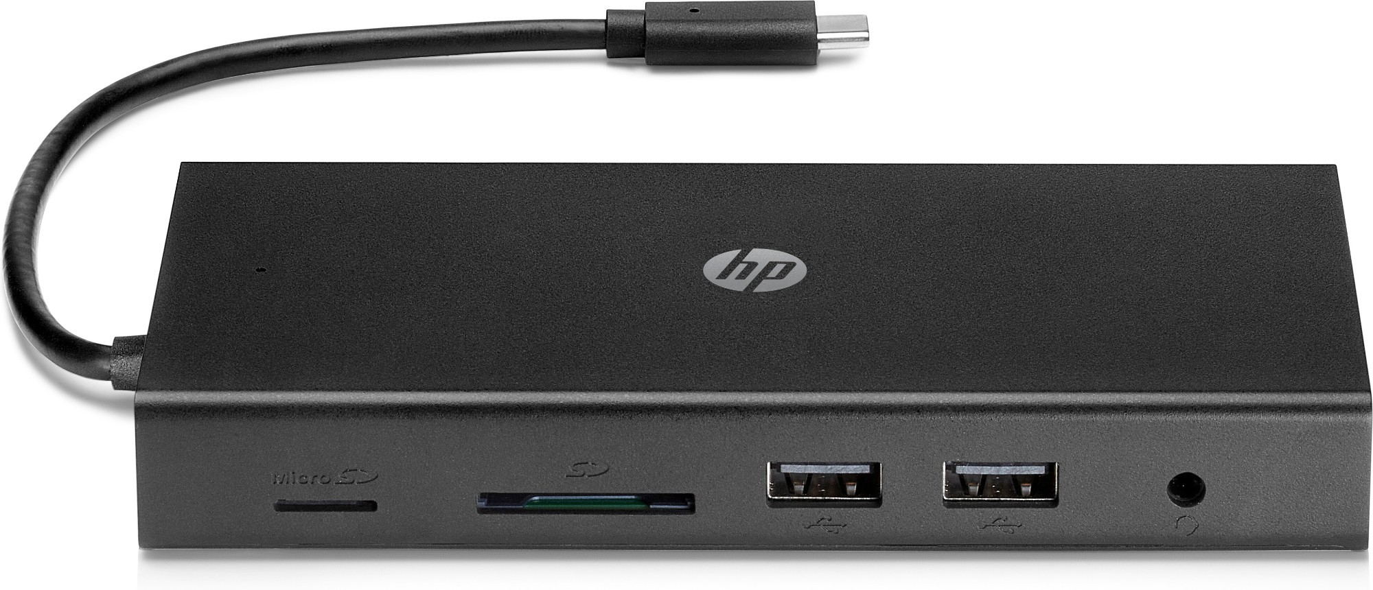 Black HP Travel USB-C Multi Port Hub featuring two USB-A ports, a microSD card slot, audio jack, and a built-in USB-C connector for easy connectivity.
