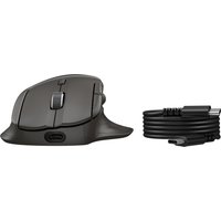 Black HP Wireless Mouse 785M with ergonomic design, scroll wheel, USB-C port, and coiled charging cable.