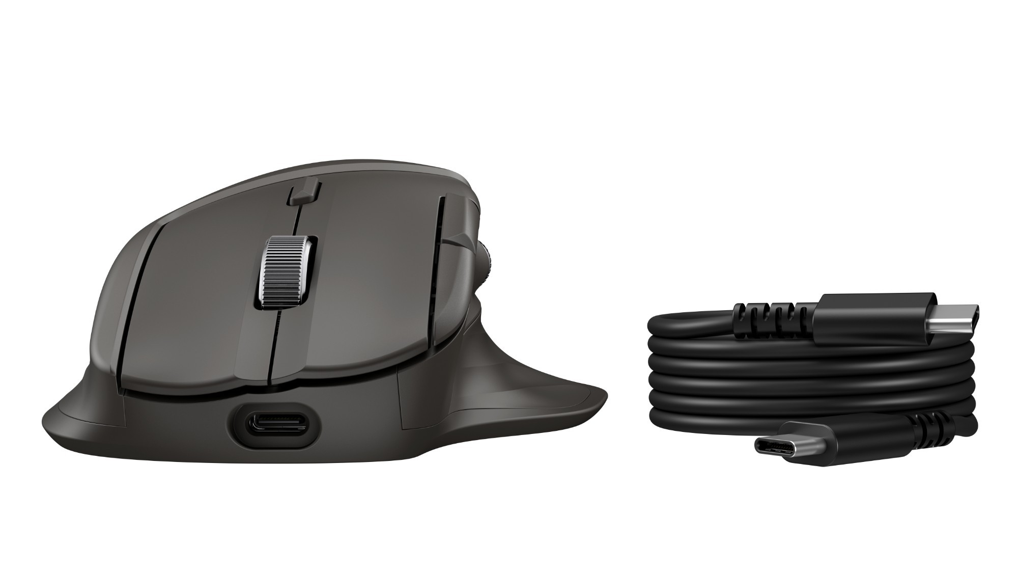 Black ergonomic wireless mouse with a smooth surface, scroll wheel, USB-C charging port, and a coiled charging cable.