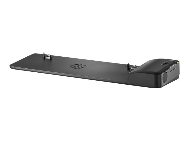 Black HP UltraSlim Docking Station with a sleek, flat design, featuring an HP logo, multiple ports, and a compact profile for easy connectivity and workspace organization.