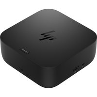 Black HP USB-C dock with rounded edges, featuring USB 3.2 Gen 2 ports and HP logo on top.