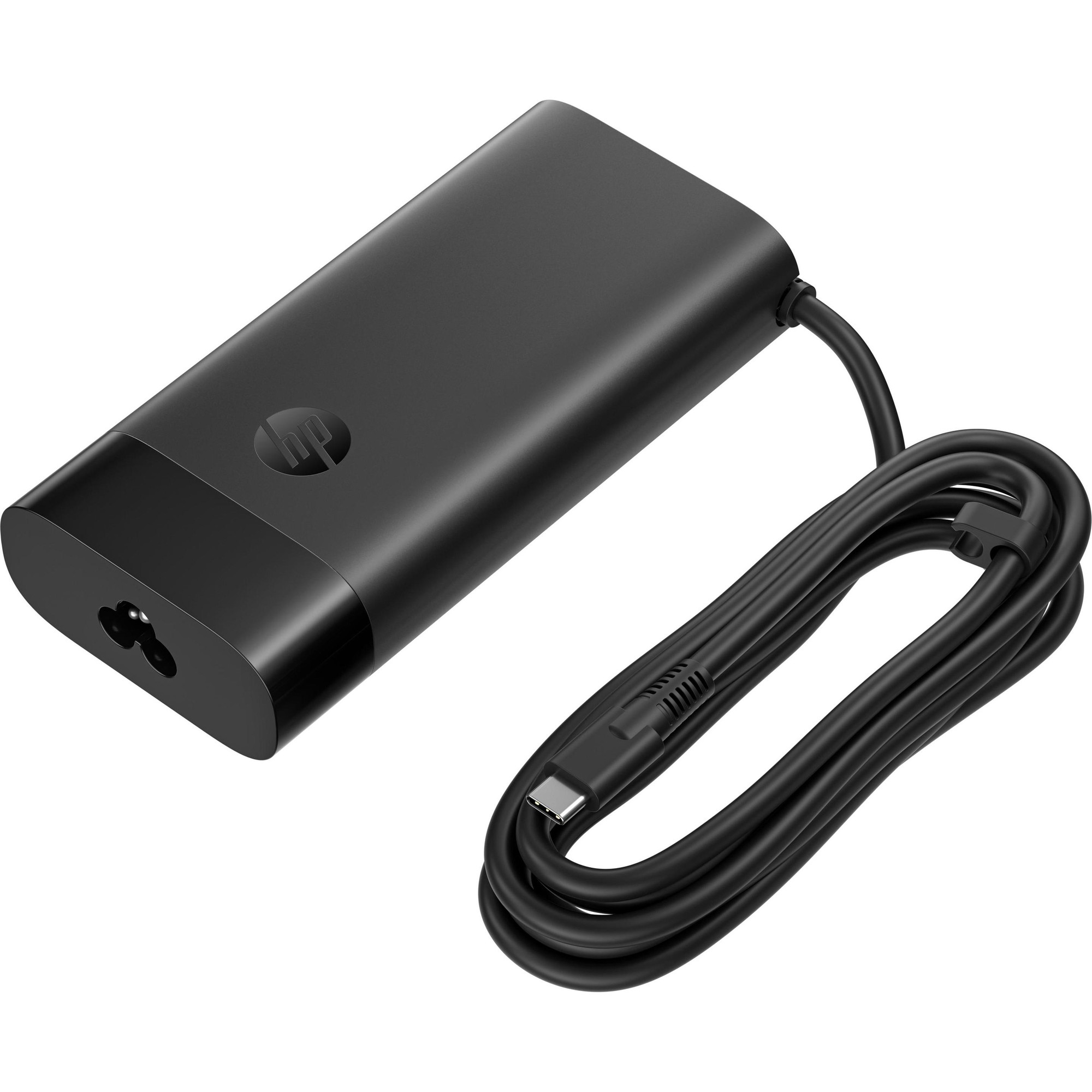 Black HP USB-C 140W laptop charger with a sleek design, featuring a rounded edge, a power input port, and a long cable for easy connectivity.