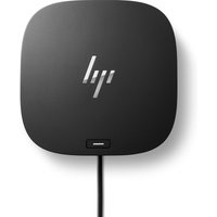 Black HP USB-C G5 Essential Dock with rounded edges, HP logo, and attached cable.