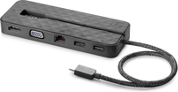 HP USB-C Mini Dock in black with a textured surface, featuring HDMI, VGA, USB-A, USB-C ports, and a braided cable for connectivity.