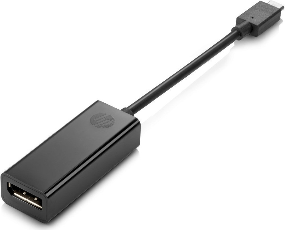 Black HP USB-C to DisplayPort adapter with a compact design, featuring a USB-C connector on one end and a DisplayPort output on the other, ideal for connecting devices.