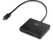 Black HP USB-C to Multi-port Hub with a short cable, featuring multiple ports including USB-A and HDMI, designed for connectivity and versatility.
