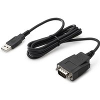 Black HP USB to Serial Port Adapter with USB connector on one end and a 9-pin serial connector on the other.