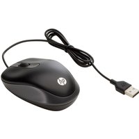 Black HP USB Travel Mouse with ergonomic design, scroll wheel, and attached USB cable.
