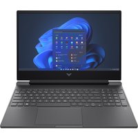 Black HP Victus 15.6" gaming laptop with backlit keyboard, slim design, and Windows 11 interface on screen.