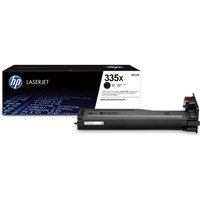 HP 335X black toner cartridge with box, compatible with HP M 438, yields 13.7K pages, sleek design.