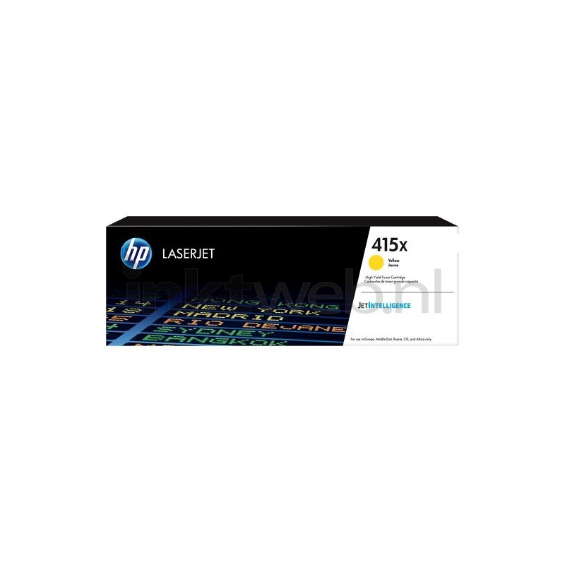 Yellow toner cartridge box labeled "HP LaserJet 415X," featuring a sleek black design with blue and yellow accents, indicating a yield of 6,000 pages per ISO/IEC 1979 standards.