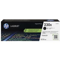 Black HP W2300X/230X toner cartridge box with HP logo, green leaf design, and 230X label for 7.5K pages.
