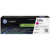 HP W2303X magenta toner cartridge box with HP logo, 230X label, and eco-friendly design graphics.