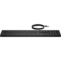 Black HP Wired Desktop 320K Keyboard, slim design with numeric keypad and USB cable.