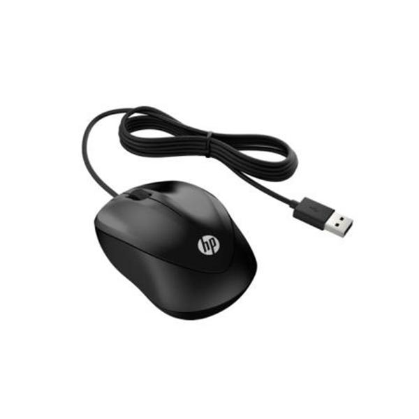 Black HP Wired Mouse 1000 with a smooth plastic finish, featuring a USB cable and a simple, ergonomic design suitable for everyday use.