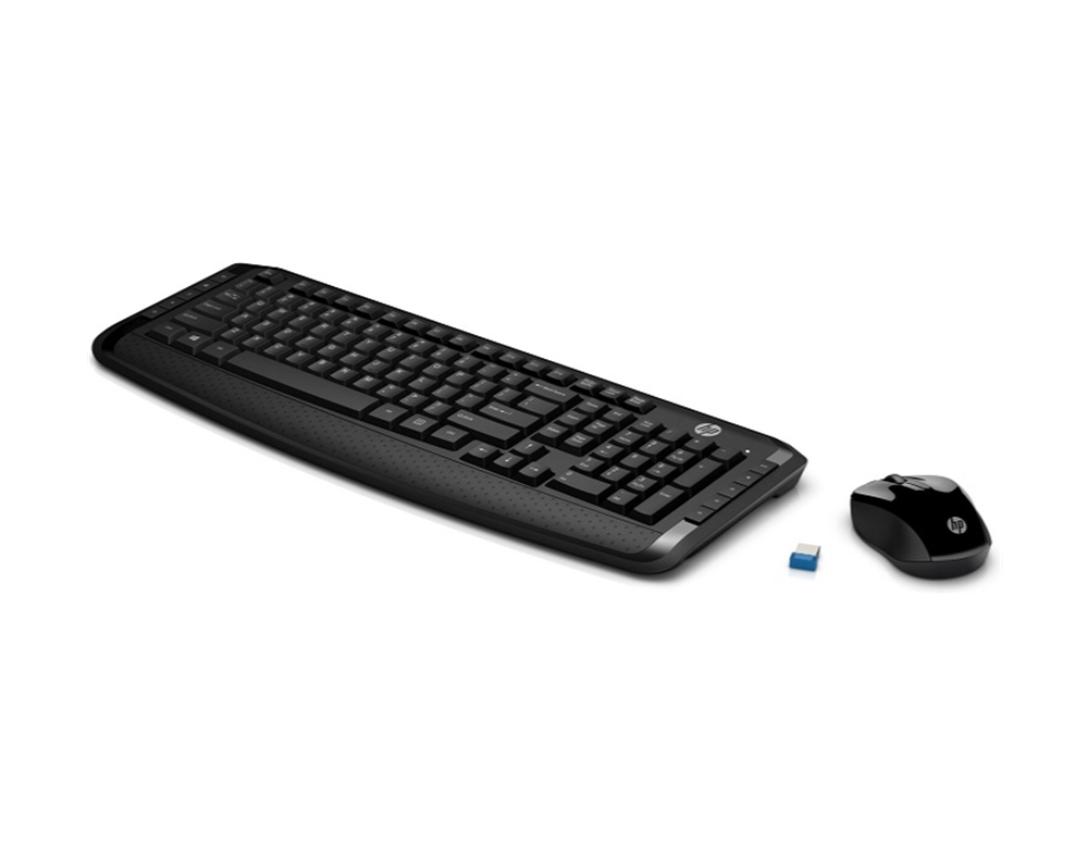 Black HP wireless desktop keyboard with a sleek design, featuring full-sized keys and a textured surface, accompanied by a matching wireless mouse and USB receiver.