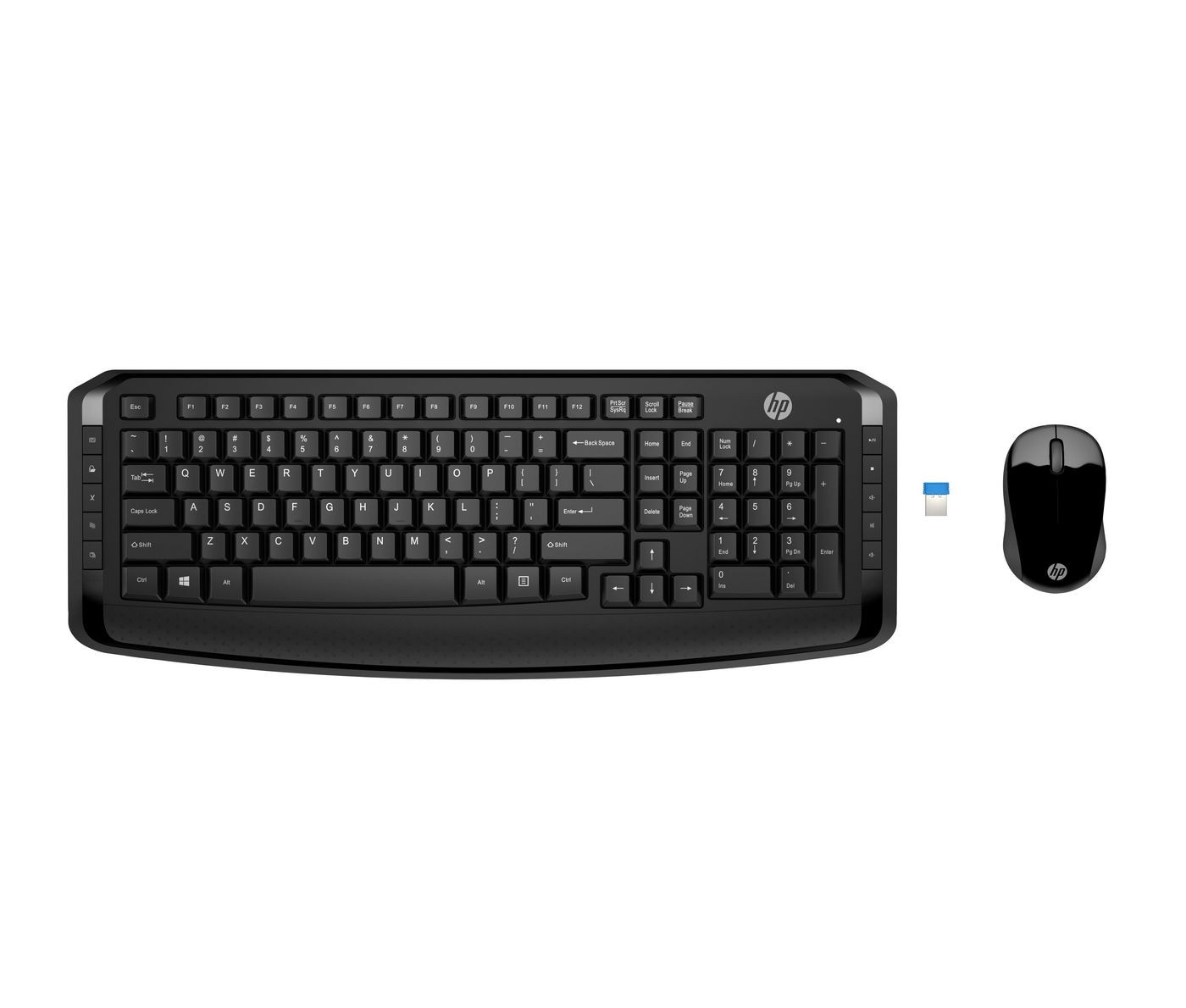 Black HP Wireless Keyboard with a sleek design and full-sized keys, accompanied by a matching black wireless mouse and a USB receiver.