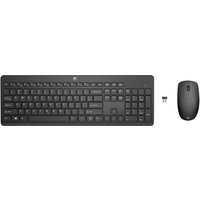 Black HP wireless keyboard and mouse set with USB receiver, full-size keyboard layout, and sleek design.