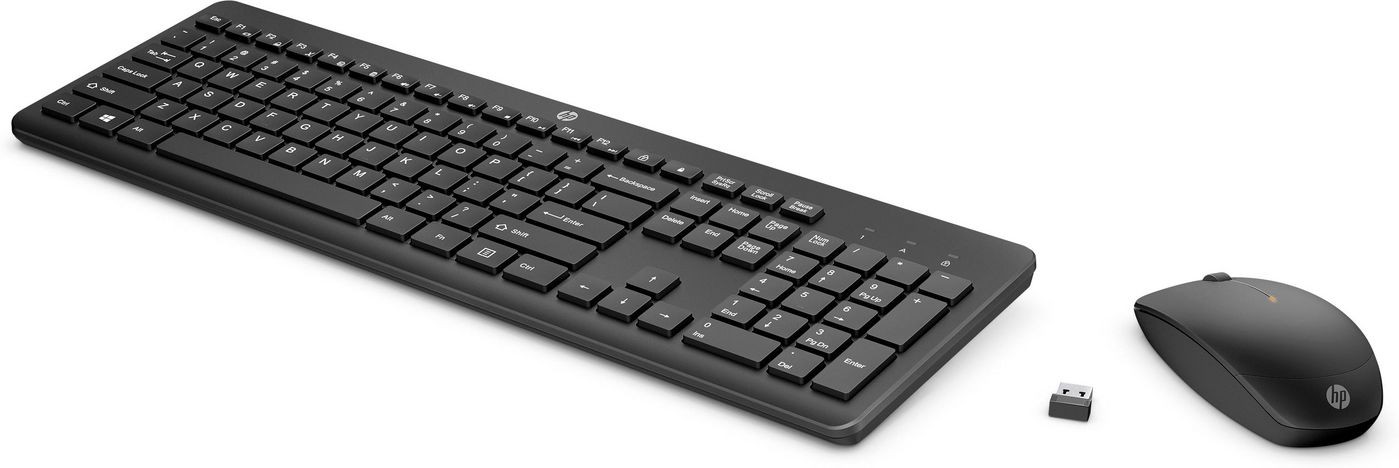 Wireless keyboard and mouse set in sleek black, featuring a full-size layout with low-profile keys and a compact mouse, accompanied by a USB receiver.