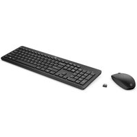 Black HP wireless keyboard and mouse set with USB receiver, featuring a sleek design and full-size keyboard layout.