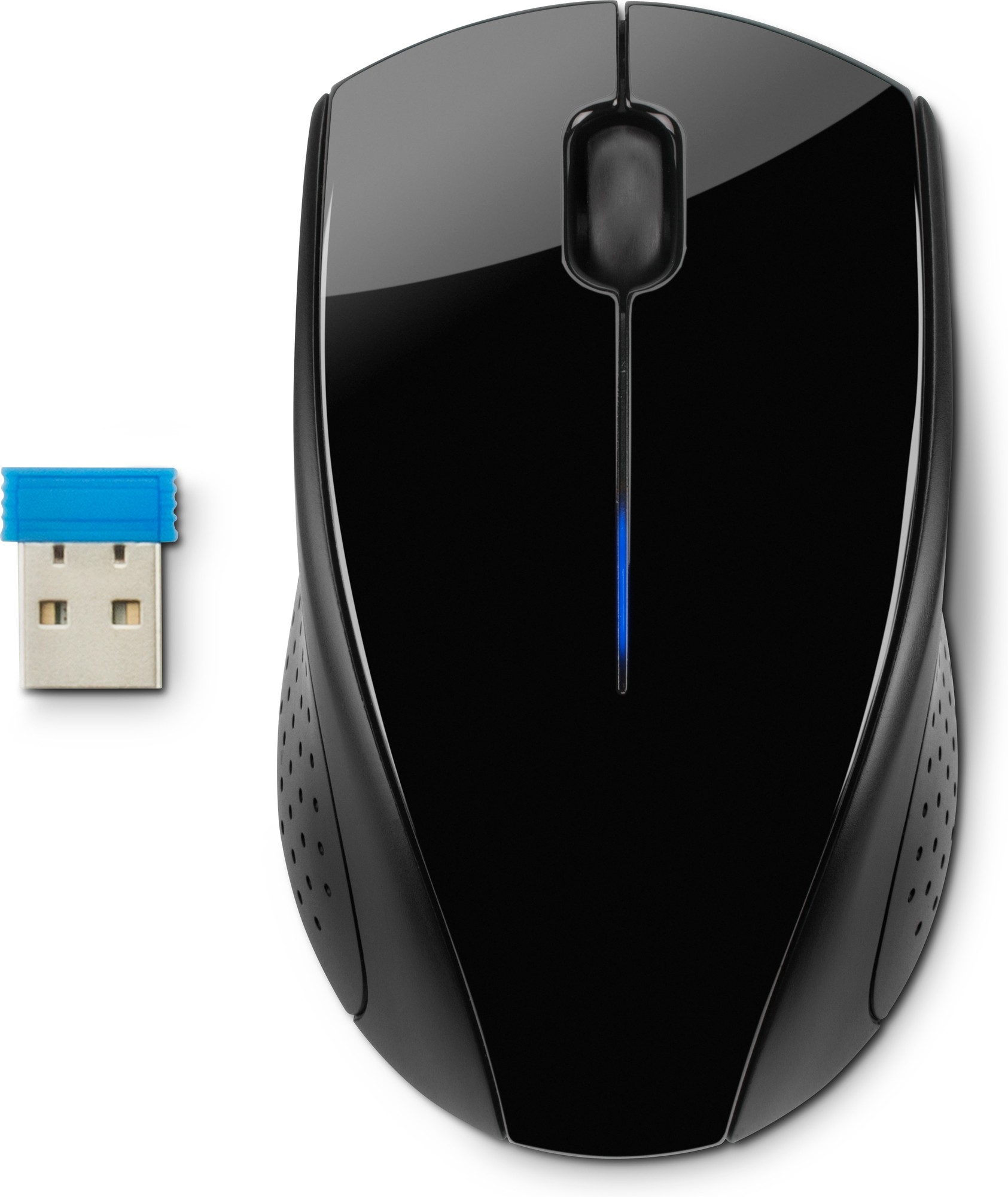 Black HP Wireless Mouse 220 featuring a sleek design, a blue LED indicator, and a compact USB receiver for wireless connectivity.