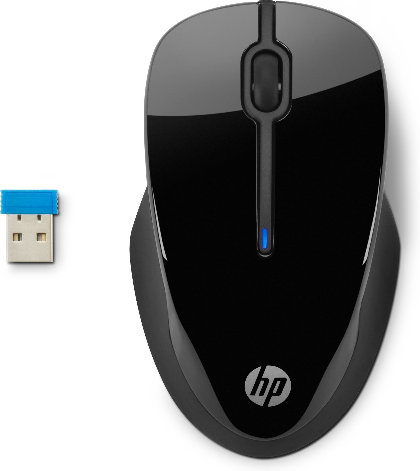 Black HP Wireless Mouse 250 with a glossy finish, featuring a central scroll wheel and a blue LED indicator, accompanied by a small USB receiver.