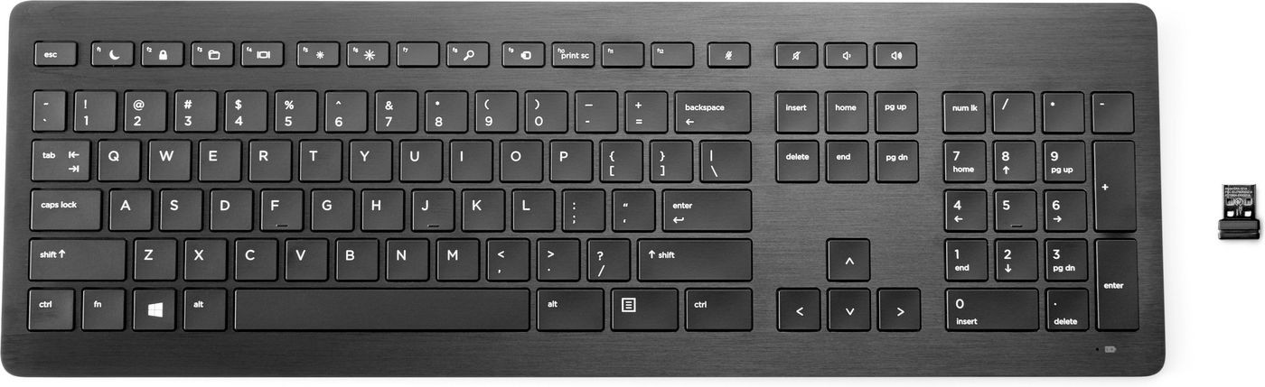 Sleek black HP Wireless Premium Keyboard featuring low-profile keys, a minimalist design, and a compact USB receiver for wireless connectivity.