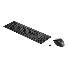 Sleek black HP Wireless Rechargeable 950MK Mouse and Keyboard set, featuring low-profile keys, ergonomic mouse design, and a compact USB receiver.