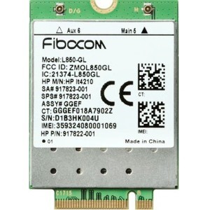 HP XMM 7360 LTE-Advance WWAN module with a green and white circuit board, featuring model number L860-GL, FCC ID, and various technical specifications printed on it.