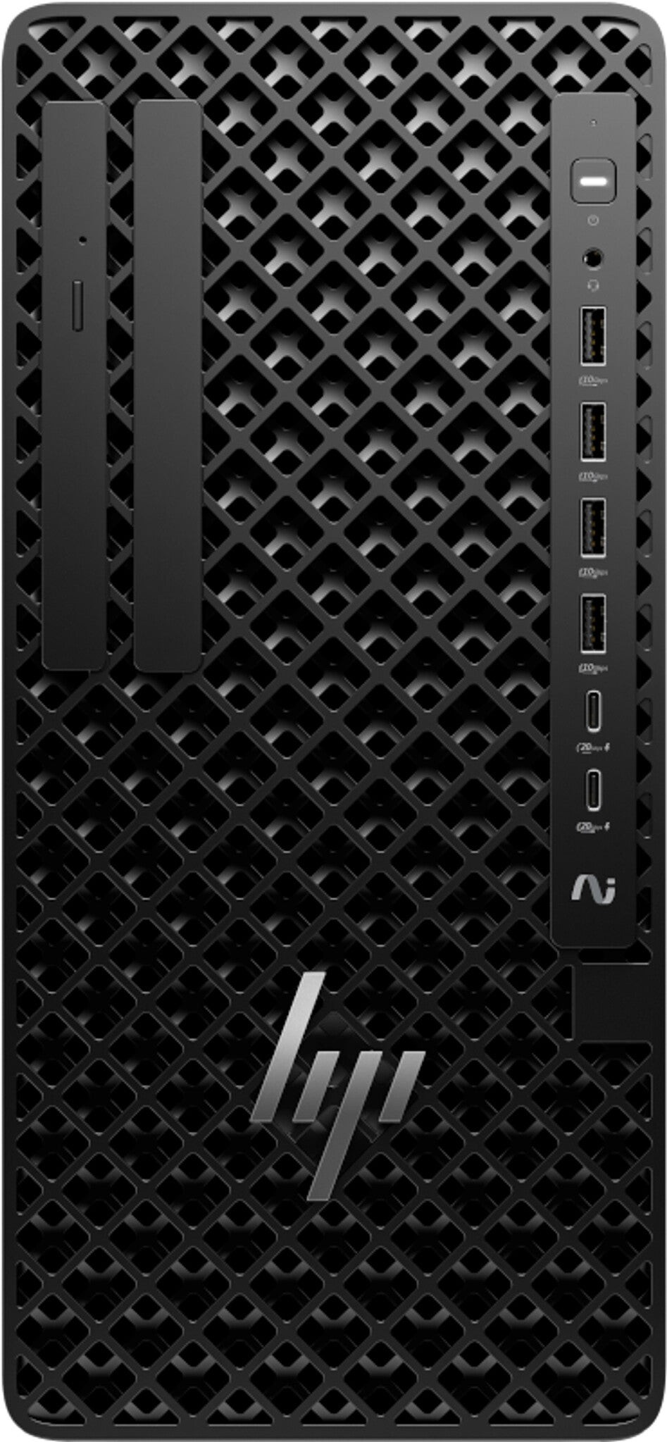 Black HP Z1 Tower G1i Desktop PC with a textured grille design, featuring multiple USB ports, a power button, and the HP logo prominently displayed on the front.