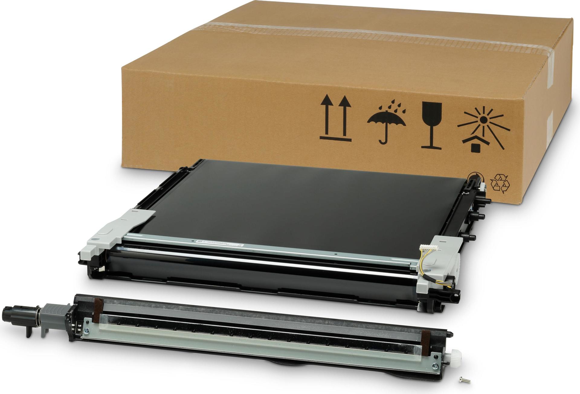 HP Z7Y79A Transfer Kit in a cardboard box, featuring a black transfer unit and a smaller black roller, designed for HP E 77800 printers, with handling symbols on the packaging.
