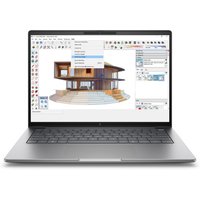 Silver HP ZBook 8 G1i laptop with black keyboard, displaying architectural design software on screen.