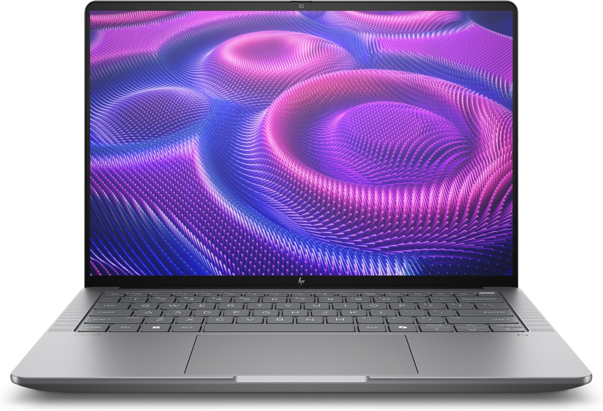 HP ZBook Ultra G1a Copilot+ PC features a sleek silver chassis, a 14" 2.8K touchscreen display with vibrant purple and pink graphics, and a full keyboard layout.