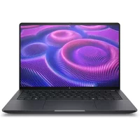 Silver HP ZBook Ultra G1a laptop, 14" touchscreen, sleek design, black keyboard, vibrant display with purple patterns.