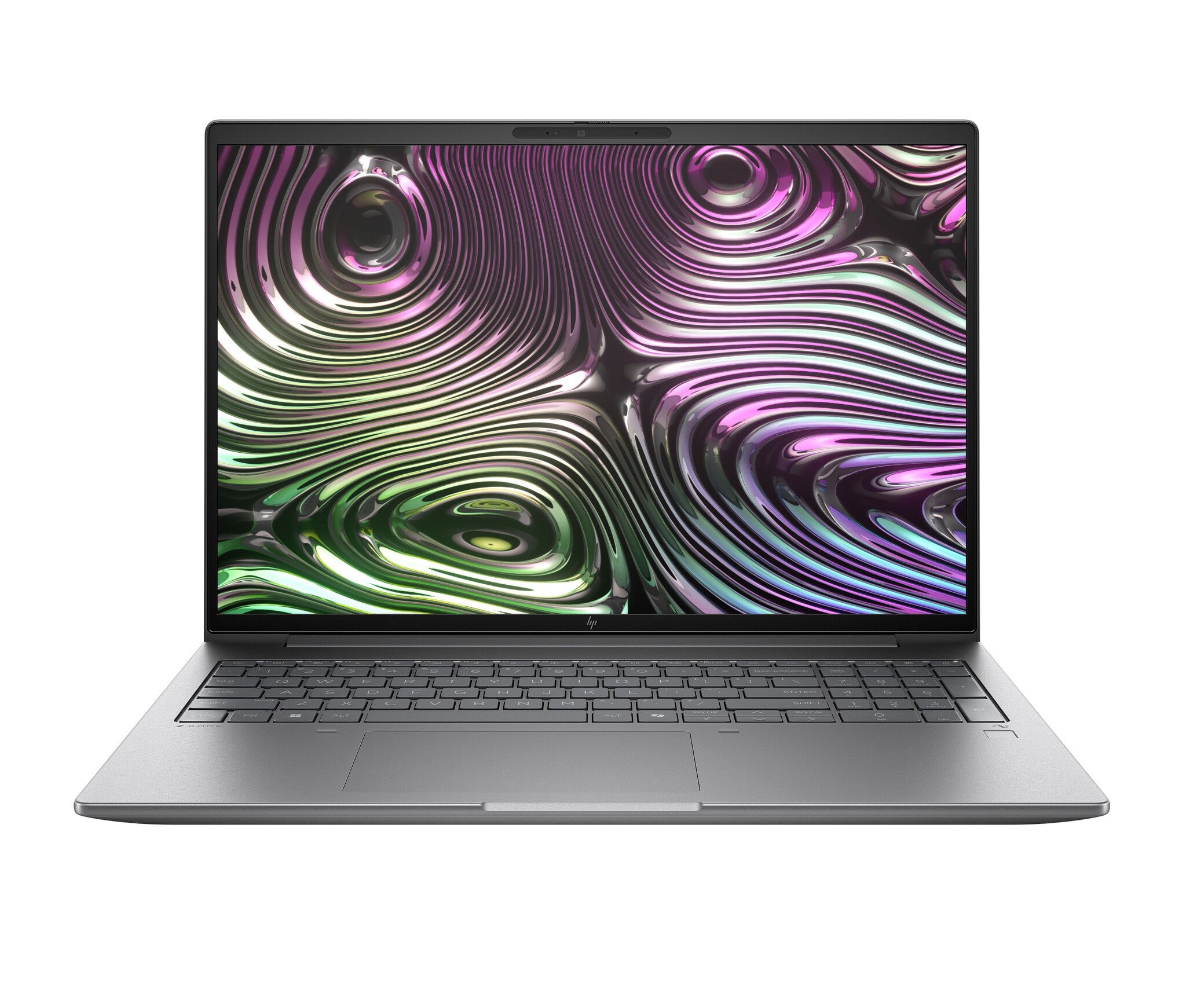 Sleek silver HP Zbook X G1i mobile workstation with a 16-inch 2.5K display featuring vibrant, swirling colors, a full keyboard, and a modern design, ideal for data science tasks.