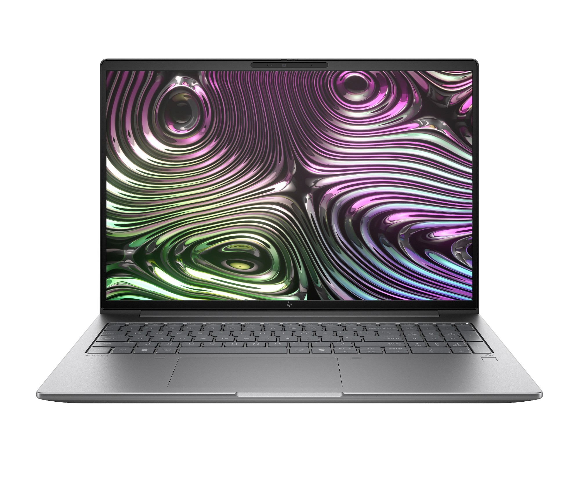 HP Zbook X G1i mobile workstation featuring a sleek silver chassis, a 16-inch display with vibrant, swirling purple and green patterns, and a full keyboard layout.