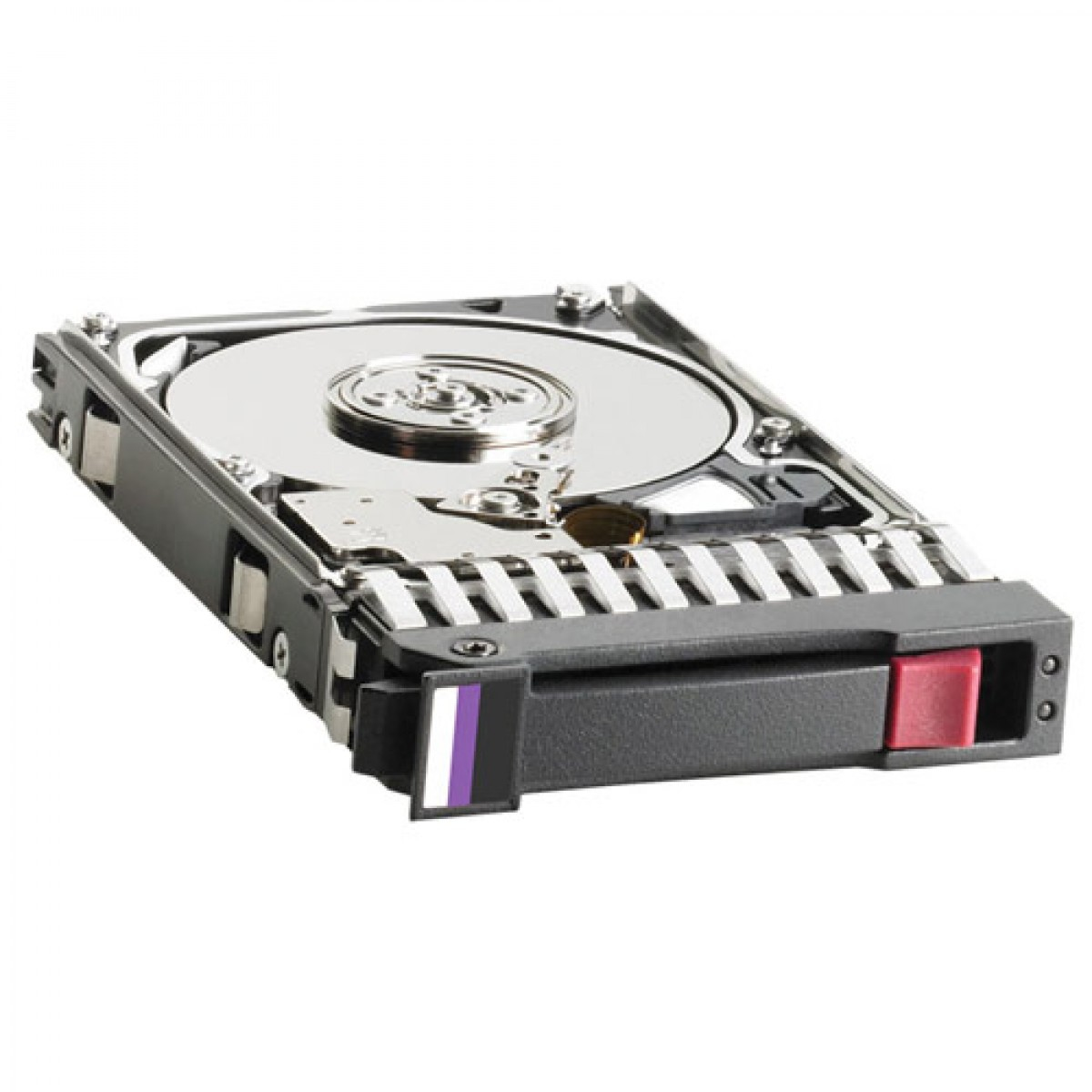 HPE 146GB 3G SAS internal hard drive with 10K RPM, featuring a sleek black casing, silver metal components, and a colored release latch in red and purple.