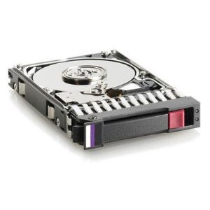 HPE 146GB hot-plug SCSI (SAS) hard drive with a 3.5-inch form factor, featuring a shiny metal casing, a black and purple front latch, and a 15K RPM speed.