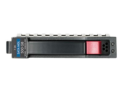 HPE 1TB 6G SATA LFF internal hard drive with a black casing, red handle, and blue label, featuring a 7200 RPM speed and 3.5-inch form factor.